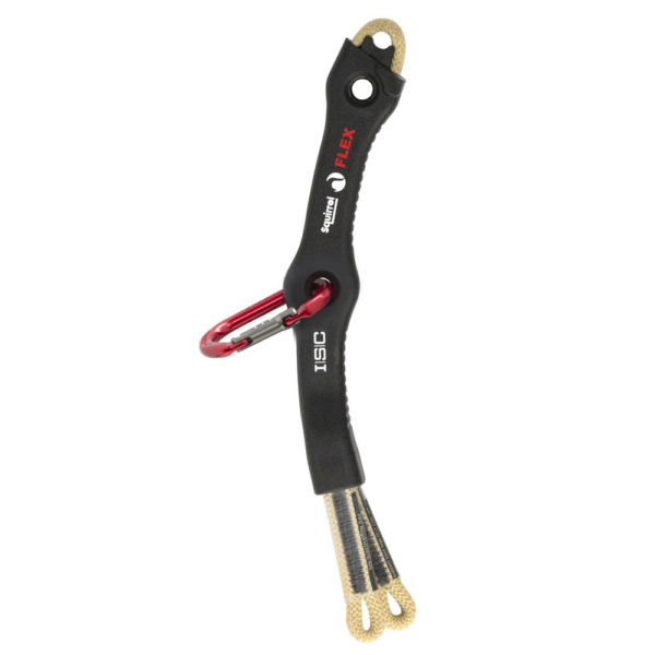 ISC Squirrel Flex Tether with Accessory Carabiner showing straw coloured tether and red carabiner clipped into device