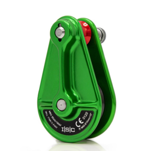 ISC Compact Rigging Pulley 13mm green in colour with grey pins and red rope run