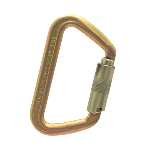 Gold carabiner with screwgate closing front on view