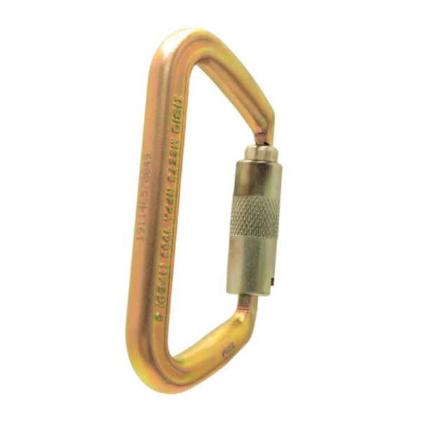 Gold carabiner with screwgate closing side on view