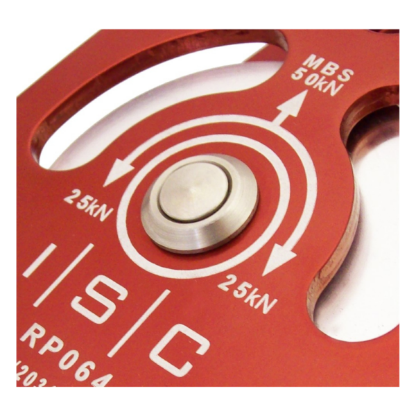 Red ISC small double pulley for 13mm rope with Bushings that are ideal for high loads at low speeds