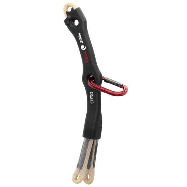 ISC Squirrel Flex Tether with Accessory Carabiner showing straw coloured tether and red carabiner clipped into device