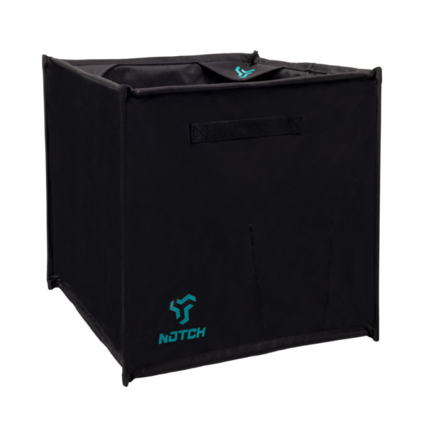 Black with aqua Notch logo Throwline Folding Cube in fully open position