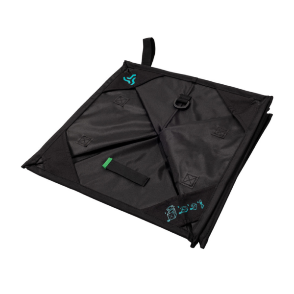 Black with aqua Notch logo Throwline Folding Cube in fully folded flat position