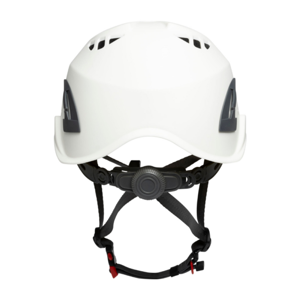 Back view of JAMA helmet in white showing adjustable sizing toggle