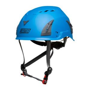 Front view of the JAMA helmet in blue showing the JAMA logo and adjustable under chin strao