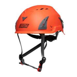 Front view of the JAMA helmet in red showing the JAMA logo and adjustable under chin strao