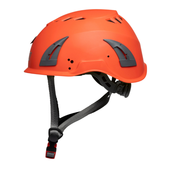 Side view of the JAMA climbing red in orange showing visor mounts and ear muff mounts
