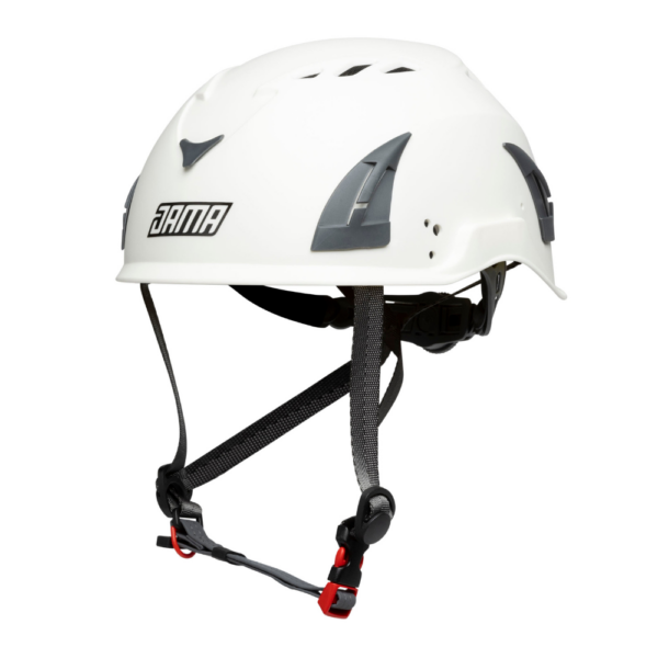 Front view of the JAMA helmet in white showing the JAMA logo and adjustable under chin strao