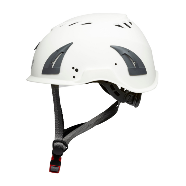 Side view of the JAMA climbing white in orange showing visor mounts and ear muff mounts