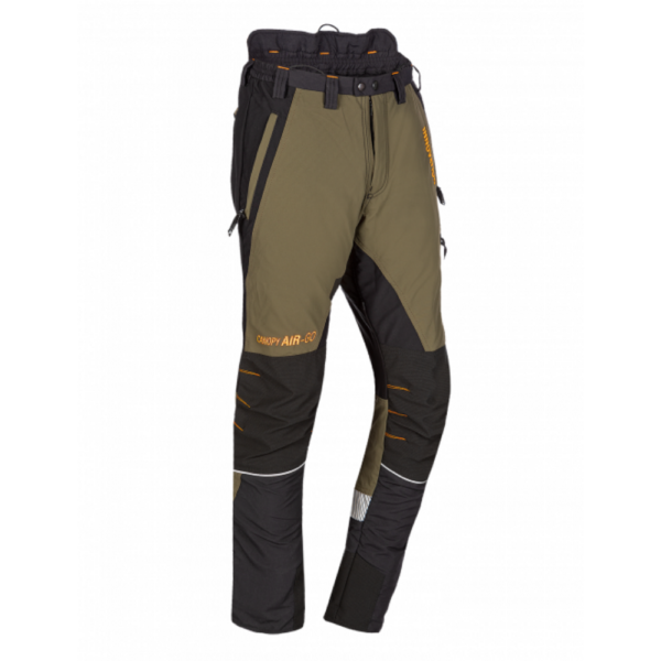 Front view of Khaki SIP Canopy AirGo chainsaw trousers showing reinforced panels