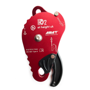 At Height Rescue Descender red device with certifications written on it in white writing