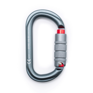 At Height Aluminium Oval Triple Action Carabiner grey with red feature in closed position