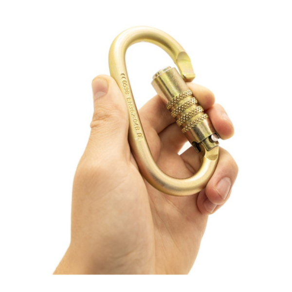 ISC Steel Oval Keylock Carabiner being held and opened by hand