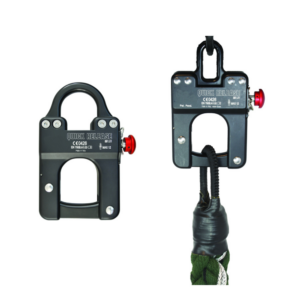 Padlock style device with red release button