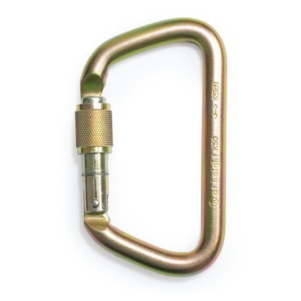 Gold D shaped carabiner with screw gate close