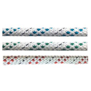 3 white ropes displayed horizontally in stacked position with green, blue and red flecks