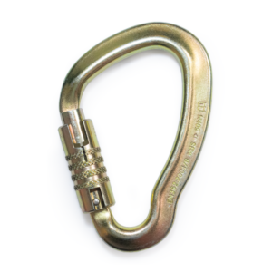 Gold pear shaped carabiner with triple action gate closure