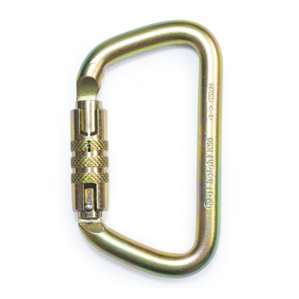 Gold carabiner with triple action gate close